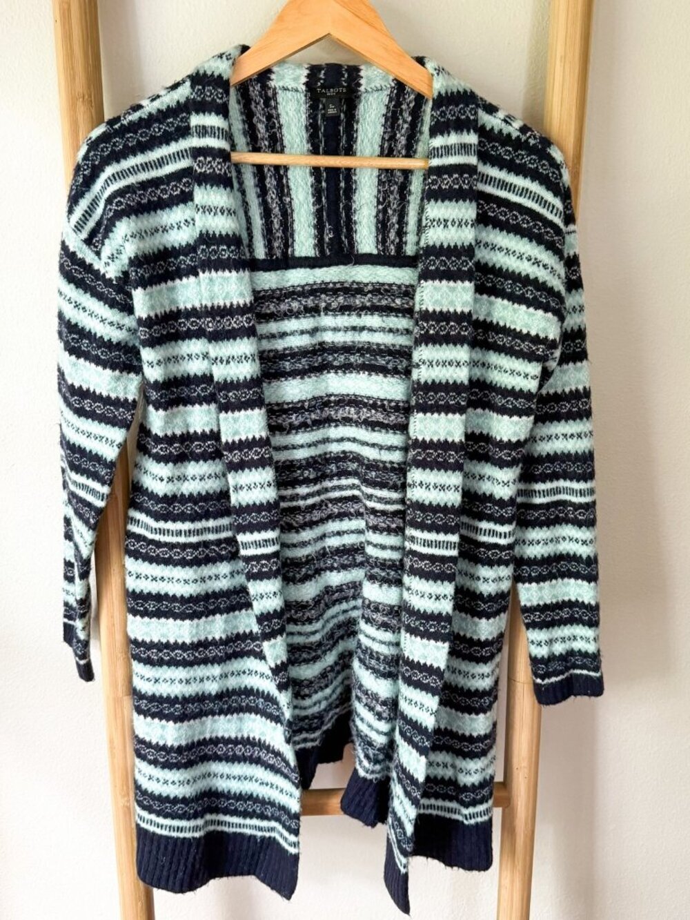 Talbots Petite Striped Open Cardigan Sweater Blue Green Soft Knit SP